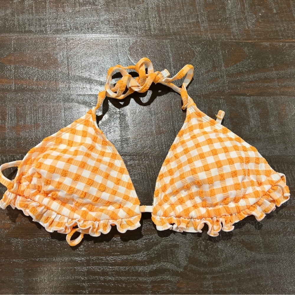 Women's Ruffle Halter Triangle String Bikini Top Wild Fable Orange Gingham XS